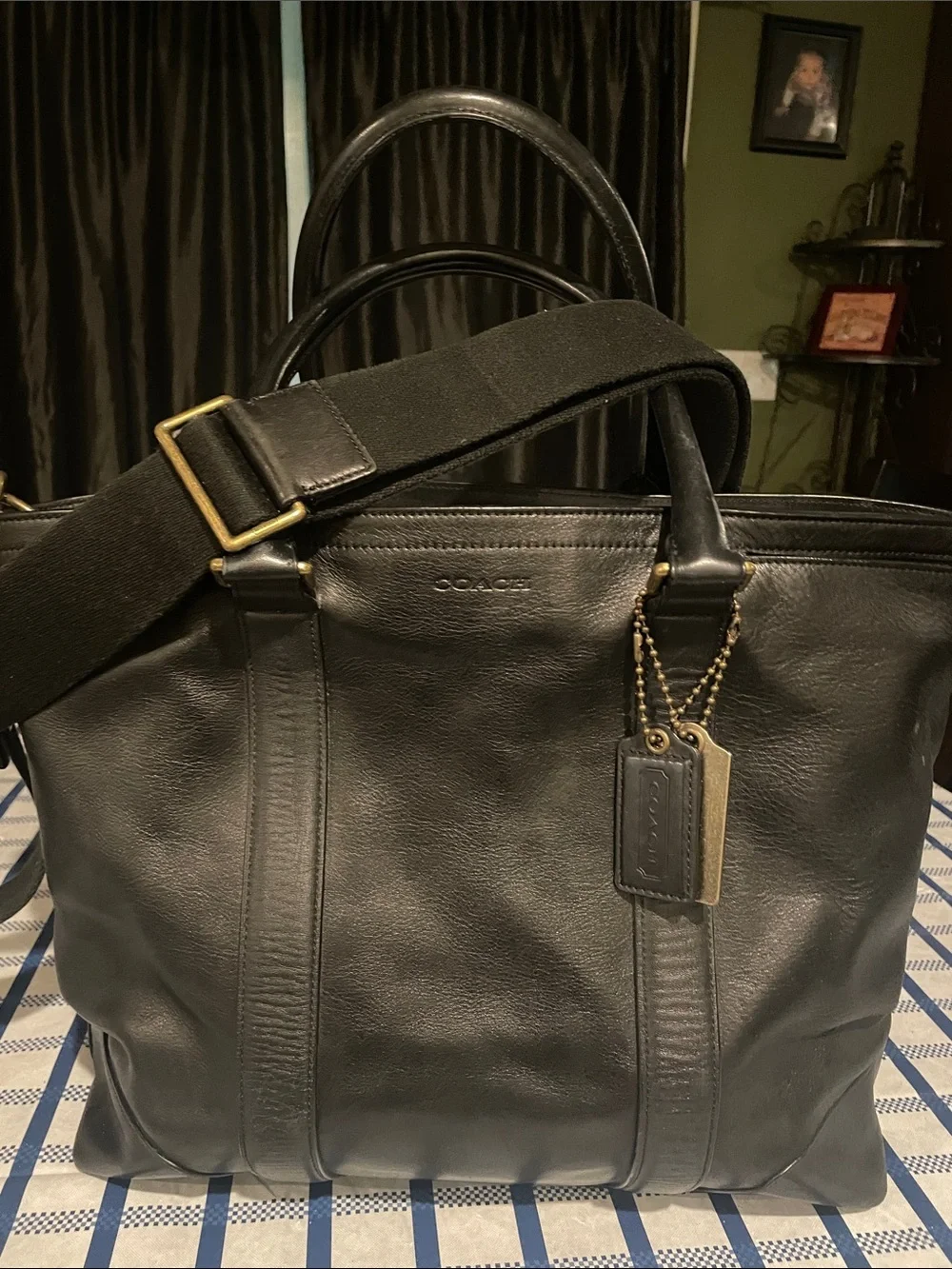 Coach Black Leather Men's Laptop Tote with Detachable Strap